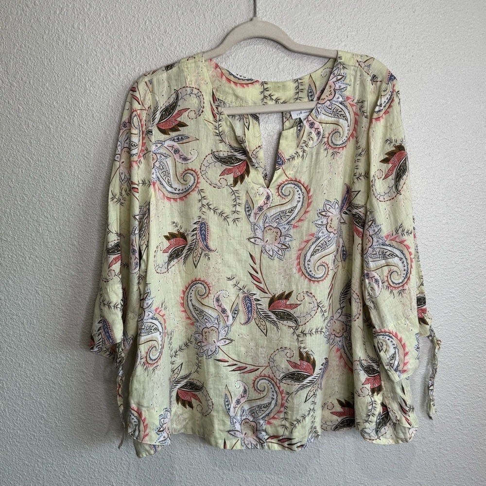 J.Jill Womens LP Love Linen Paisley Boho Light Yellow Blouse Coastal Relaxed